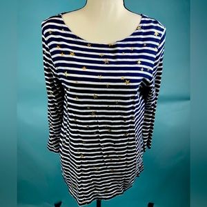 Long-sleeved blue striped shirt with gold stars